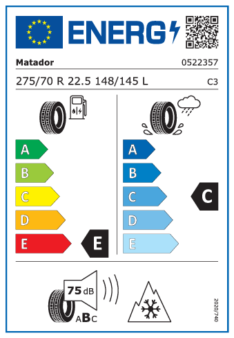 275/70 R22,5 Matador DR 1 148/145L - energetický štítok