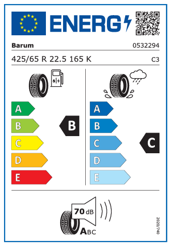 425/65 R22,5 Barum BT 44 165K - energetický štítok