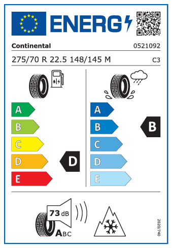 275/70 R22,5 Continental Conti Hybrid HD3 148/145M - energetický štítok