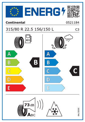 315/80 R22,5 Continental Conti EcoPlus HD3+ 156/150L - energetický štítok