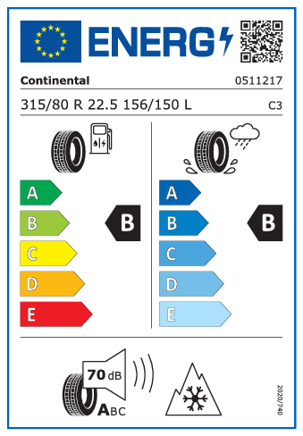 315/80 R22,5 Continental Conti EcoPlus HS3+ 156/150L - energetický štítok