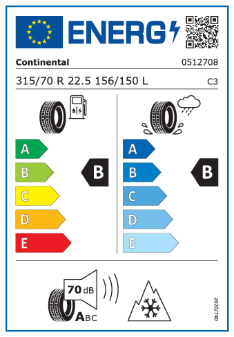 315/70 R22,5 Continental Conti EcoRegional HS3+ 156/150L - energetický štítok