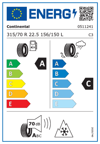 315/70 R22,5 Continental Conti EfficientPro S+ 156/150L - energetický štítok